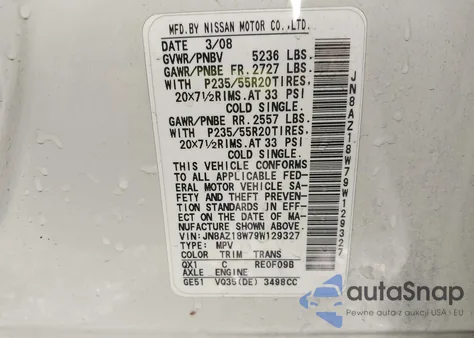 2009 Nissan Murano Le z USA, uszkodzony, nr VIN JN8AZ18W79W129327